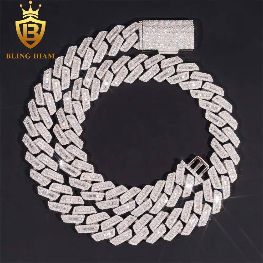 Hot Sale 18mm Mens Iced Out Miami Hip Hop Chain Necklace 925 Sterling Silver Cubic Moissanite Baguette Cut Cuban Link Chain GRA