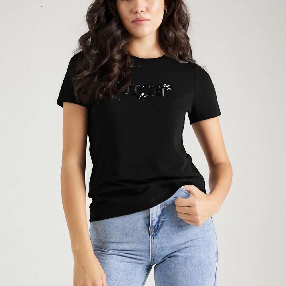 CHCH Women's T-Shirt New Black Heavy Duty Embroidered Round Neck Casual Comfortable Top