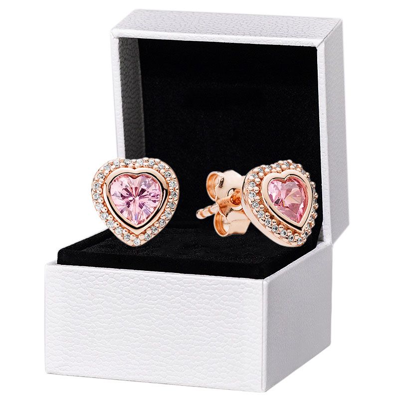 Rose Gold Pink Stone Heart Stud Earrings Authentic 925 Silver designer Earrings Women Wedding Party Jewelry Crystal earrings with Luxurious Retail Box Set