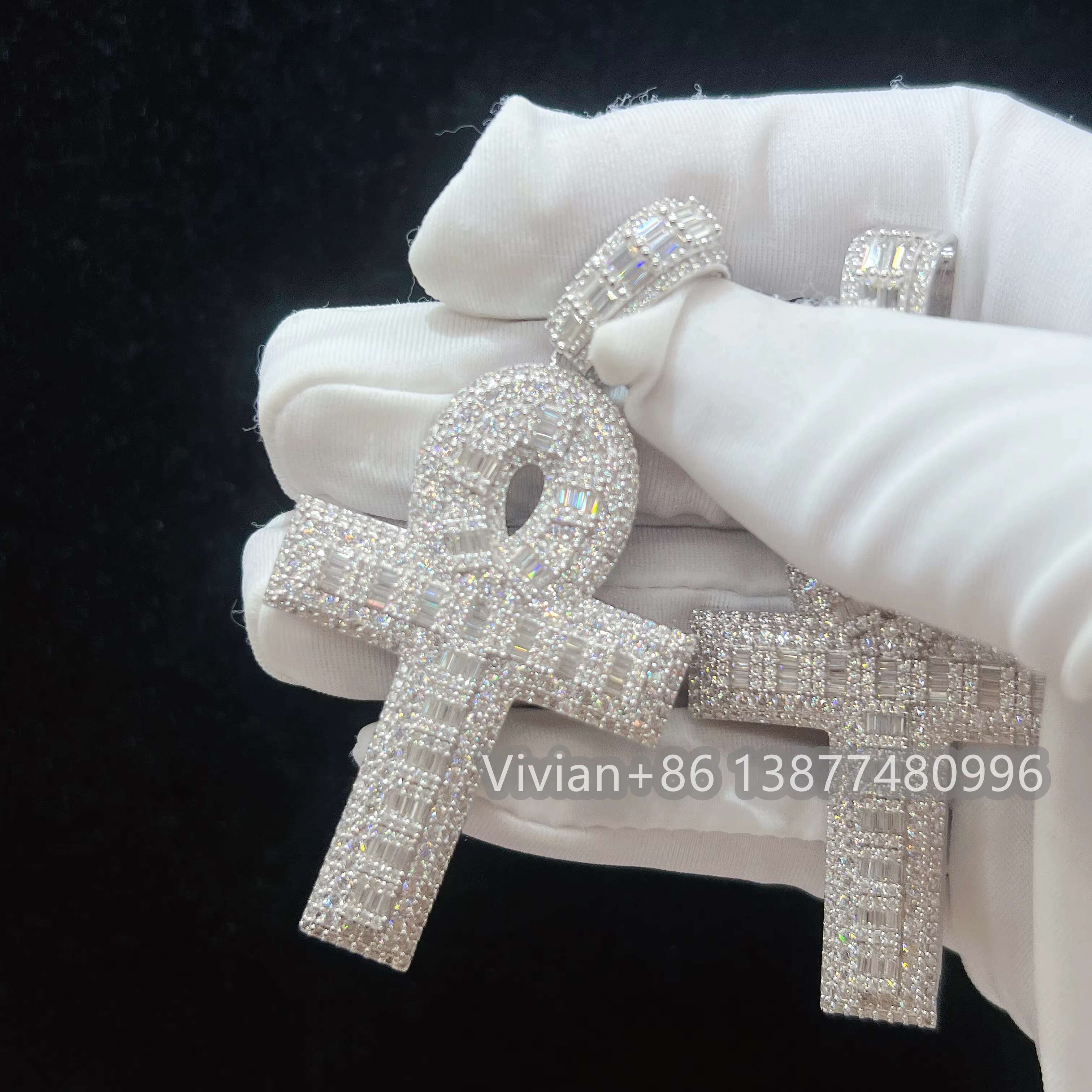 Fine Jewelry Silver 925 Iced Out Hip Hop Rapper Jewelry Men Moissanite Diamond Ankh Cross Pendant