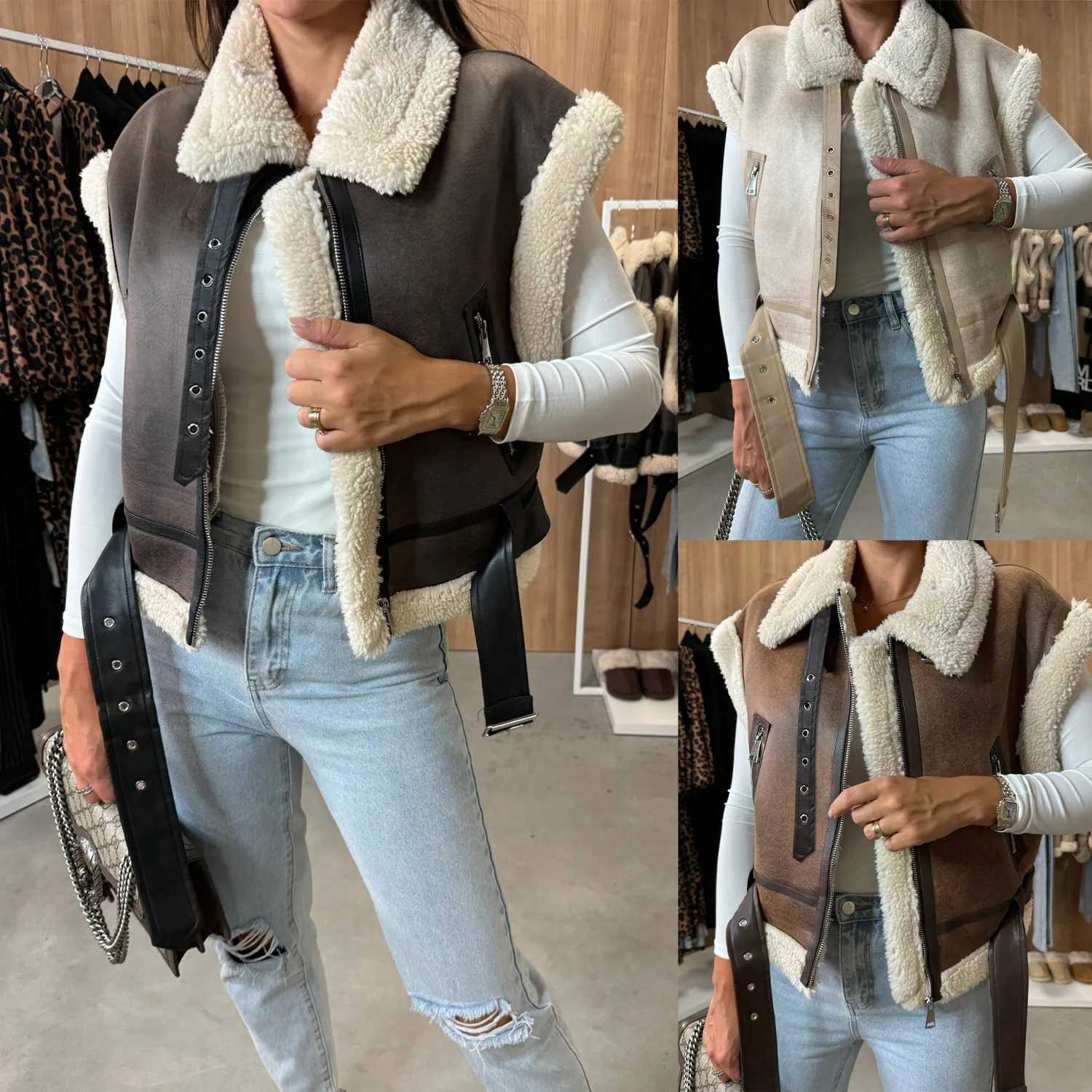 Women Faux Fur Vests Coat Spliced Jacket Zipper Pocket Short Sleeve Turn Down Collar Loose Casual Office Lady 2025 Autumn WinterT251129