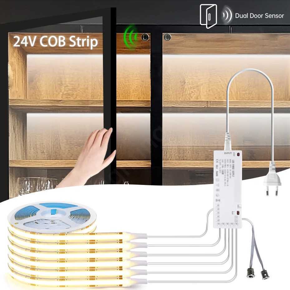 1-6PCS COB LED Strip Kit 24V with Double Door Sensor Switch Control for Cabinet Wardrobe Showcase Integrated Night Lighting M251129