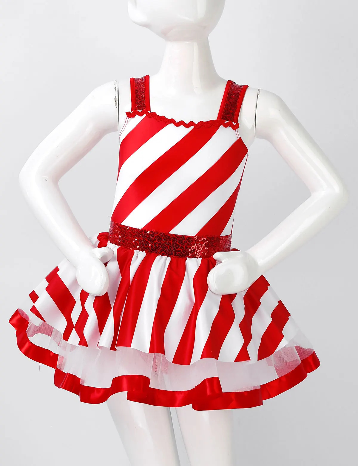Kids Girls Candy Cane Mrs Santa Claus Costume Shiny Sequins Christmas Dance Figure Ice Skating Tutu Dress Leotard Dancewear 251128