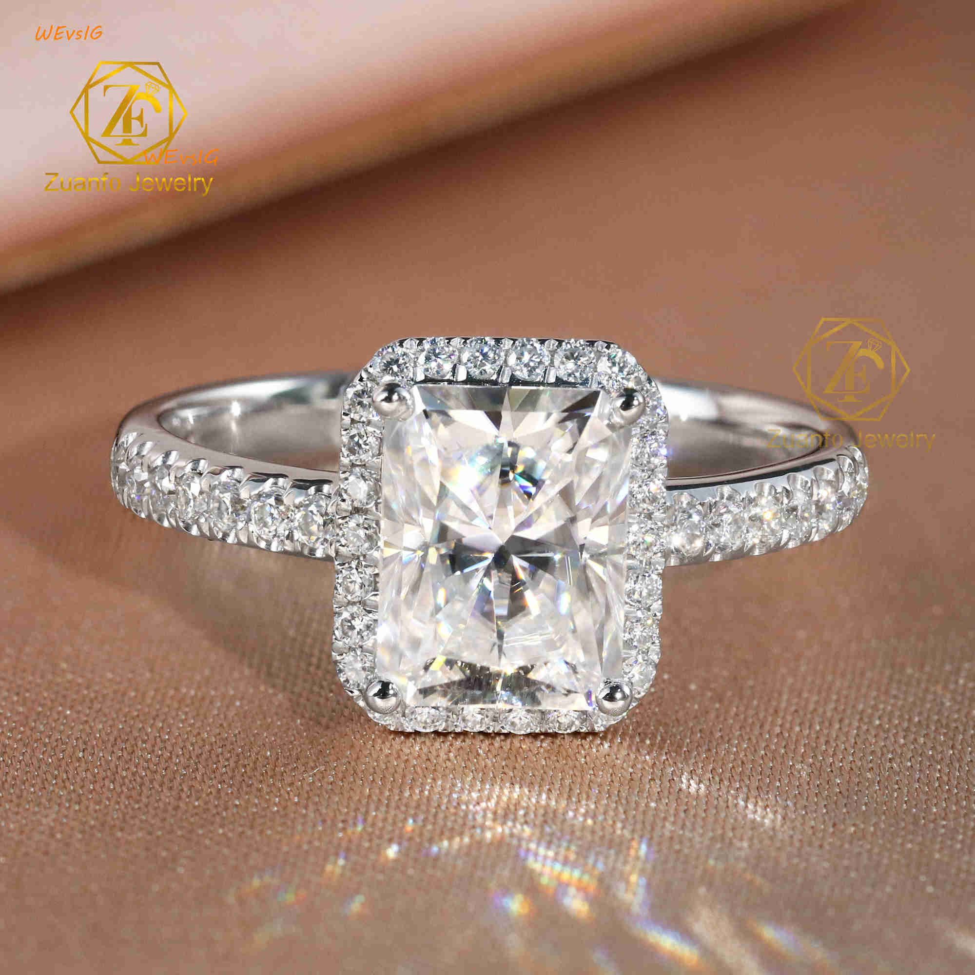 2ct Radiant Ice Crush Moissanite Halo Engagement Ring with Diamond Side Stone 14k White Gold for Women Fine Jewelry