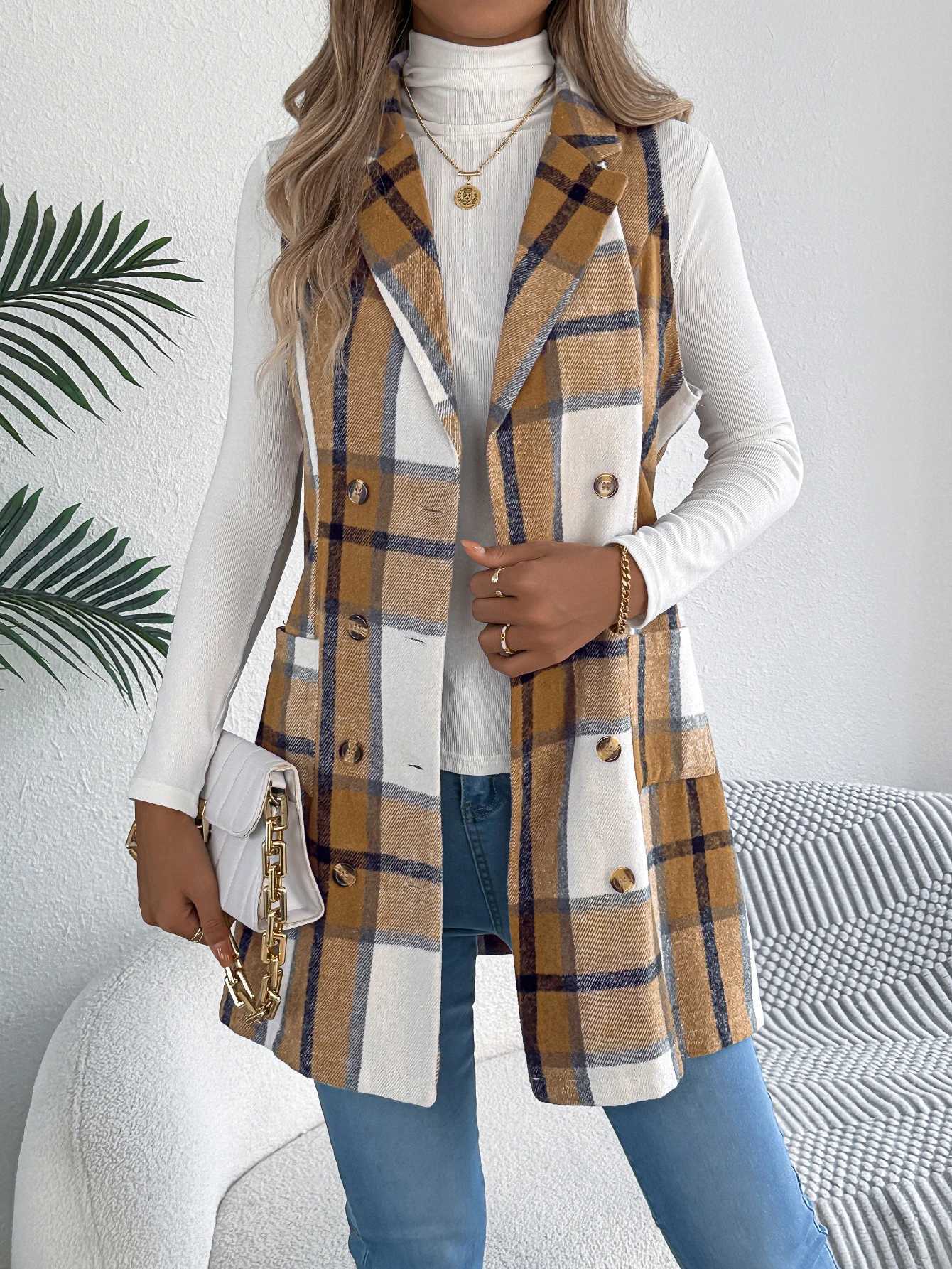 Women Blazer Lapel Double Breasted Plaid Vest Sleeveless Pocket Detail Fall Winter GetawayT251129
