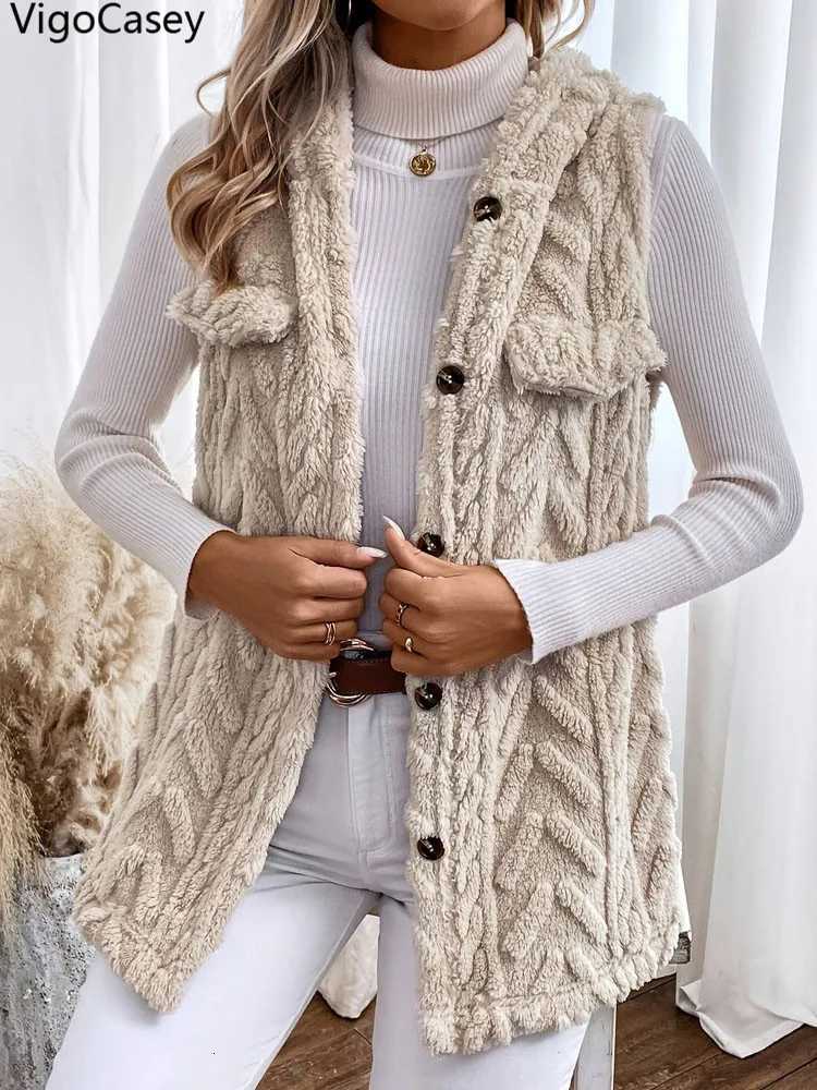 VigoCasey 2025 Apricot Sleeveless Vest Coat Woman Single-breasted Warm Plush Waistcoat Lady Autumn Winter Hooded Vest JacketT251129