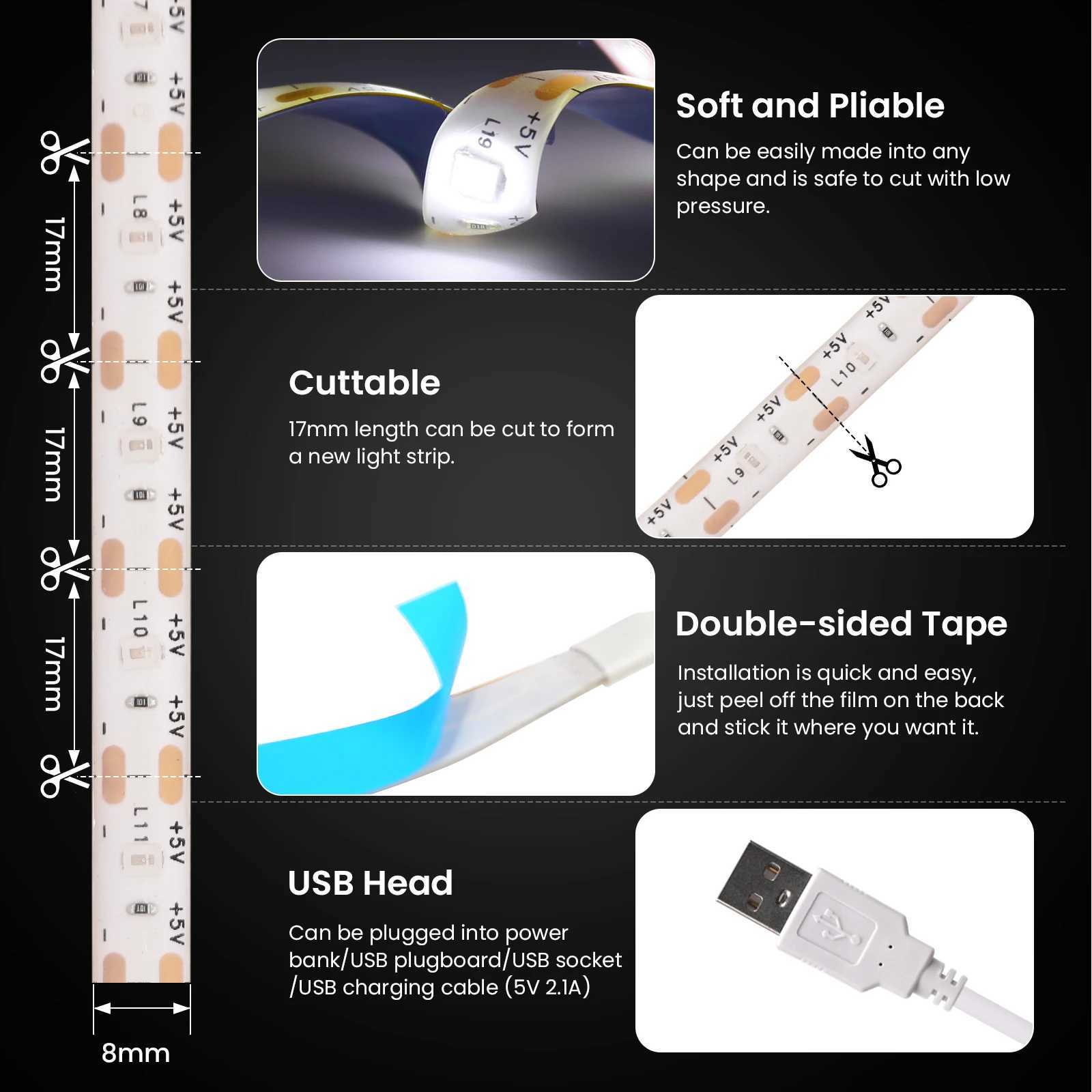 USB DC5V 2835 LED Strip Light Tape With Hand Sweep/Dimmer/ON OFF Switch Flexible Ribbon for Kitchen Room Cabinet TV Backlight M251129