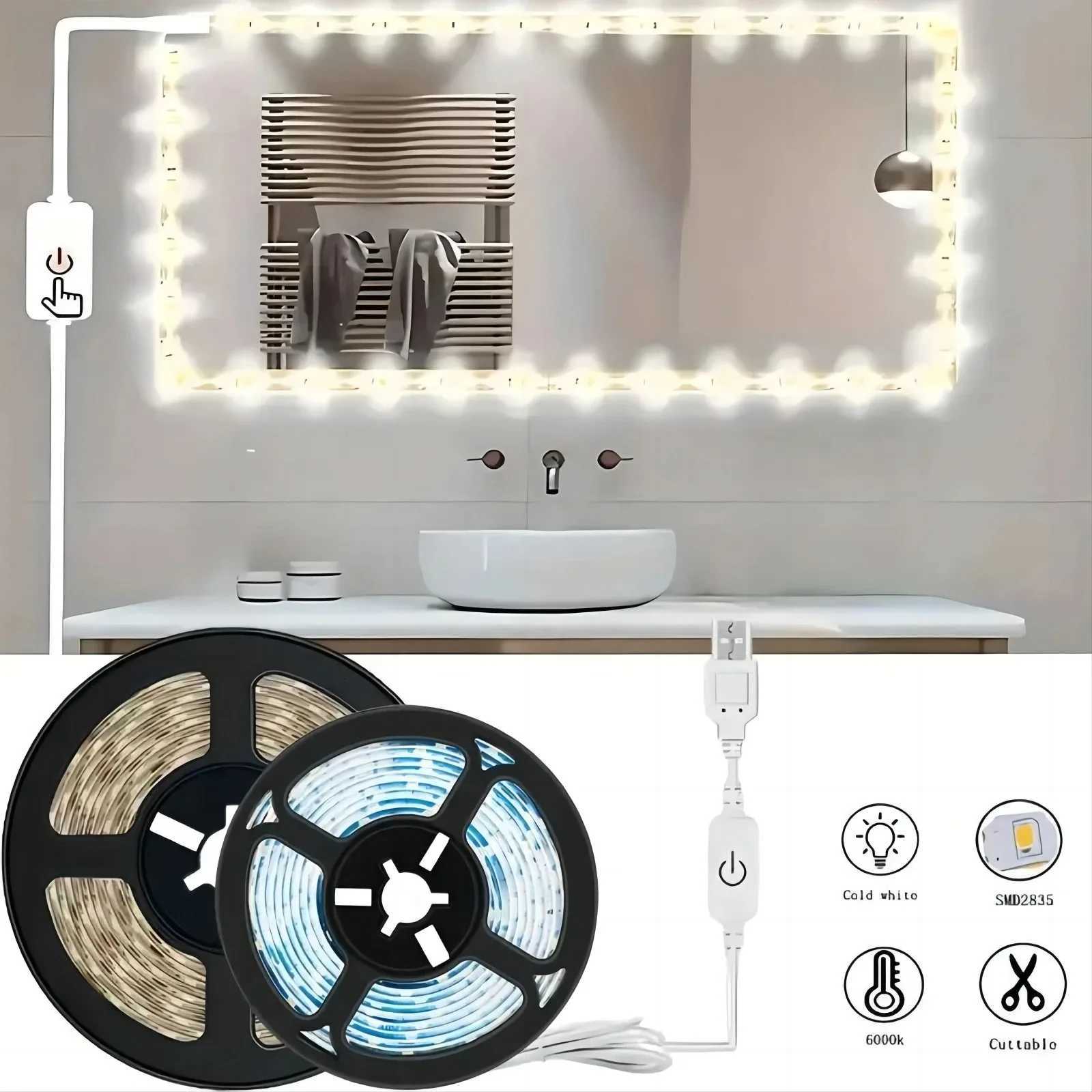 5V USB 2835 LED Strip Light - Touch Sensor Dimmable Flexible Tape for Mirror Cabinet Stair Decor Lighting M251129
