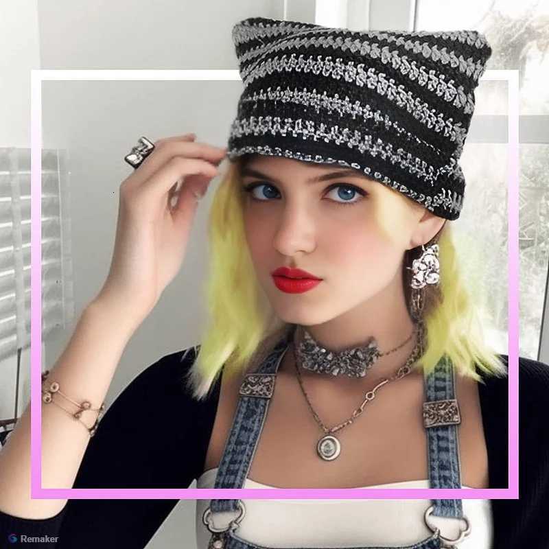 Corchet Cute Cat Ears Beanie Hat for Women Winter Striped Korean Fashion Y2K HipHop Cosplay Knitted Streetwear Men SkulliesXJ251129