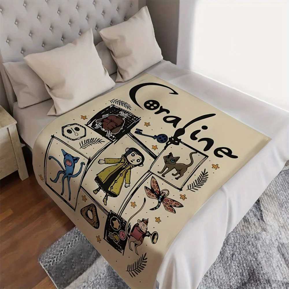 Coraline Style Flannel Throw Blanket - Digital Printed Cartoon Animal Collage Polyester Knit Four Seasons Comfort Plush BlanketW251129