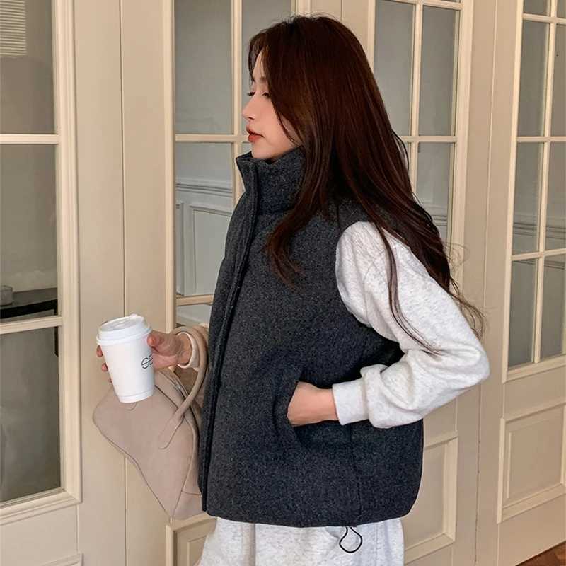 Short Down cotton Vest Womens 2025 Korean Fashion New Stand-up Sleeveless Zipper Student Vest Jacket Black Gray Waistcoat TideT251129