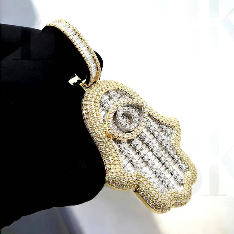 Hip Hop Hamsa Hand Necklace Pendant Iced Out 925 Sterling Silver With 18K Gold Plated Eye Hamsa Hand Moissanite Pendant