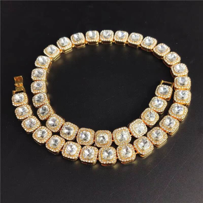 SC Fashion Hip Hop Full Square Diamond Men Necklace Bling Iced Out CZ Diamond Cuban Chain Necklace Bracelet for Men