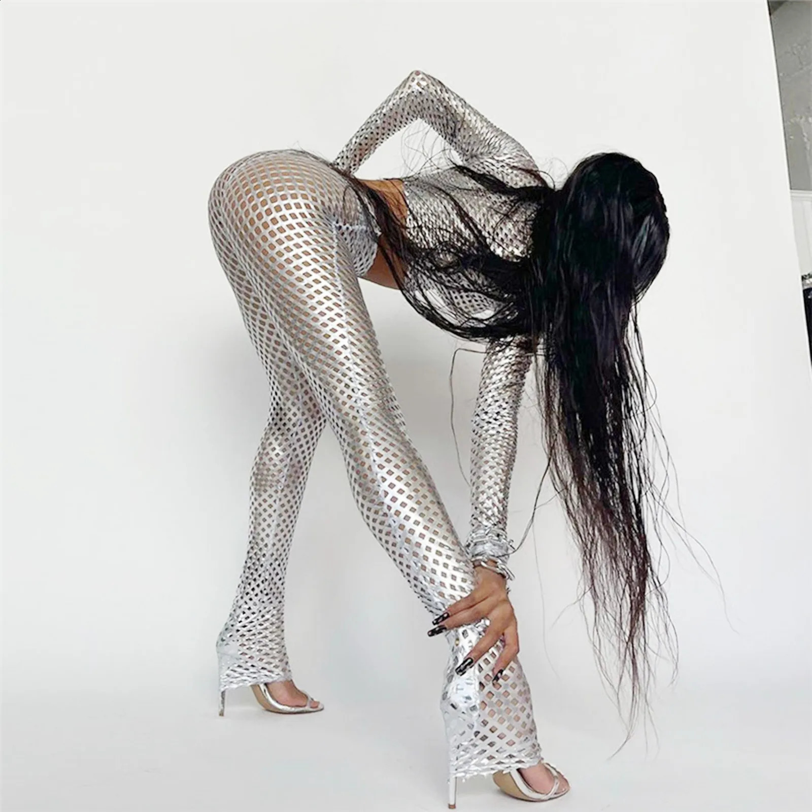 Nighclub Lady PU leather fashionable silver lace dress womens 2-piece set hollow top and pencil case 250423