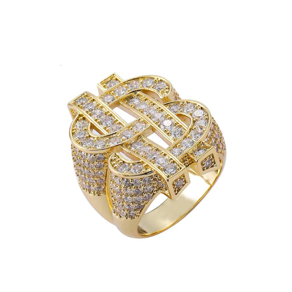 BES Wholesale Trendy Hip Hop Jewelry Rings Men Real Gold Plated Brass Cubic Zirconia Stone Iced Out 5A CZ Bling Dollar Sign Ring