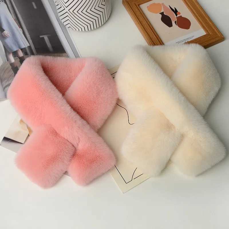 Solid Color Autumn Winter Cold Resistant Women Neck Collar Scarf Plush Cross Scarf Faux Rabbit Fur Thickened Soft Scarves XWJ112J251129