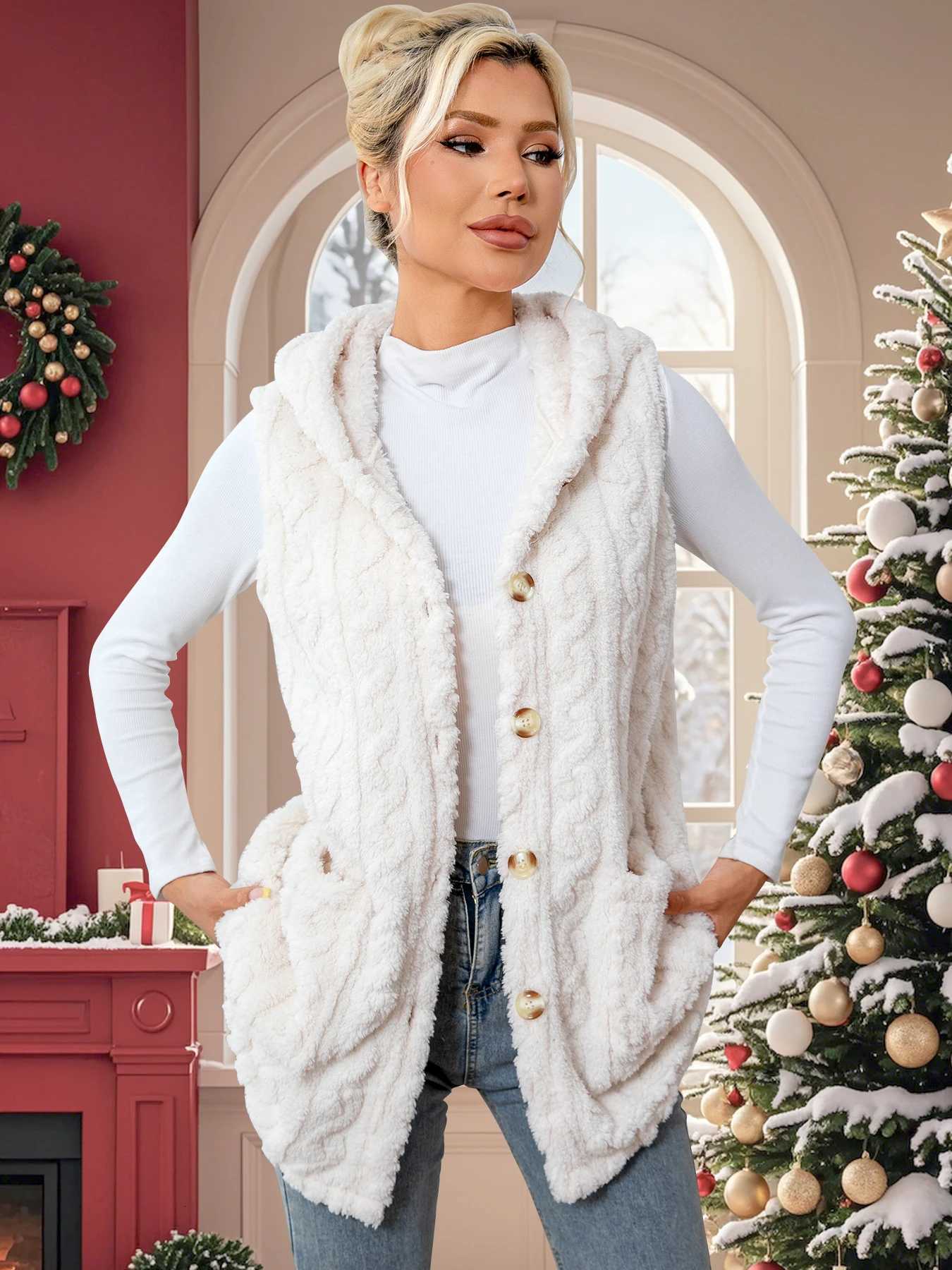 Womens plush sleeveless coat full front opening hooded collar with pockets warm and soft white colorT251129