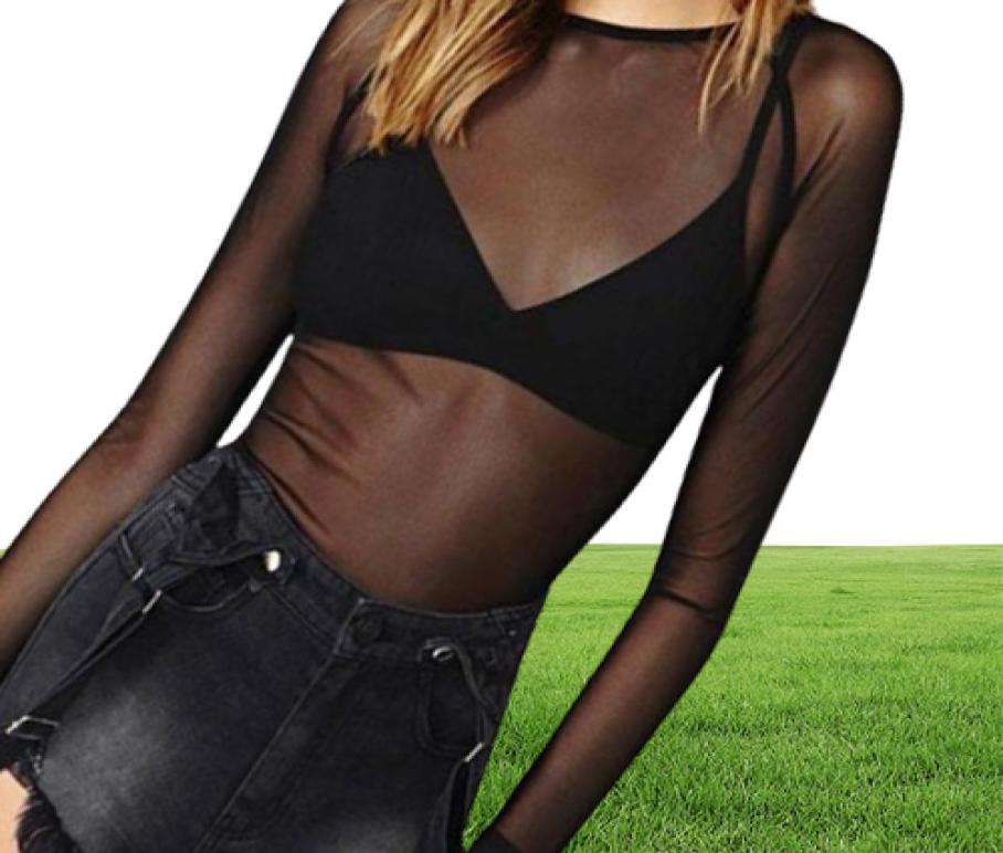 Womens TShirt Seethrough Sheer Mesh Long Sleeve Tee Top Club wear Perspective Pullover Black Sexy Girl Clothing6493104