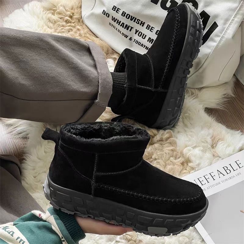 New Design Durable and anti-slip thick-soled winter cotton shoes, fur integrated snow boots with fleece, low-top outer wear, thick-leather cotton boot