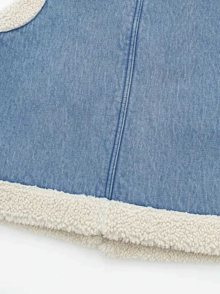 Womens Fashion Faux Lambswool Vest 2024 Fall and Winter Denim Lapel Sleeveless Pocket Thickened Warm Fleece Vest JacketT251129