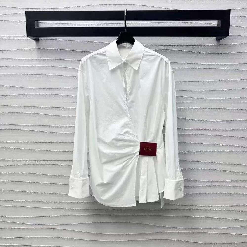 25 Spring And Summer New Long Sleeve Waist Shirt Women Irregular Lacing Leather Label Design Slim Temperament Blouse