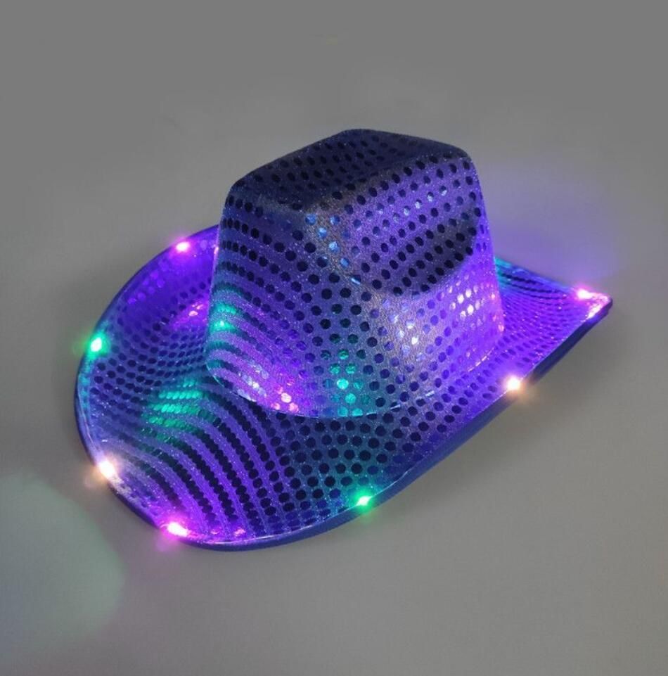 Party Hats Space Cowgirl LED Hat Flashing Light Up Sequin Cowboy Hats Luminous Caps Halloween Costume 0119