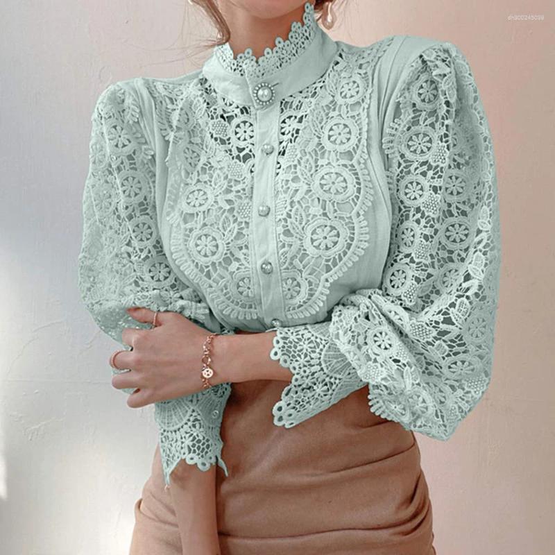 Women's Blouses Elegant Lace Tops Embroidery Hollow Out Solid Stand Collar Female Tunic Plus Size Petal Sleeve Spring Womens And