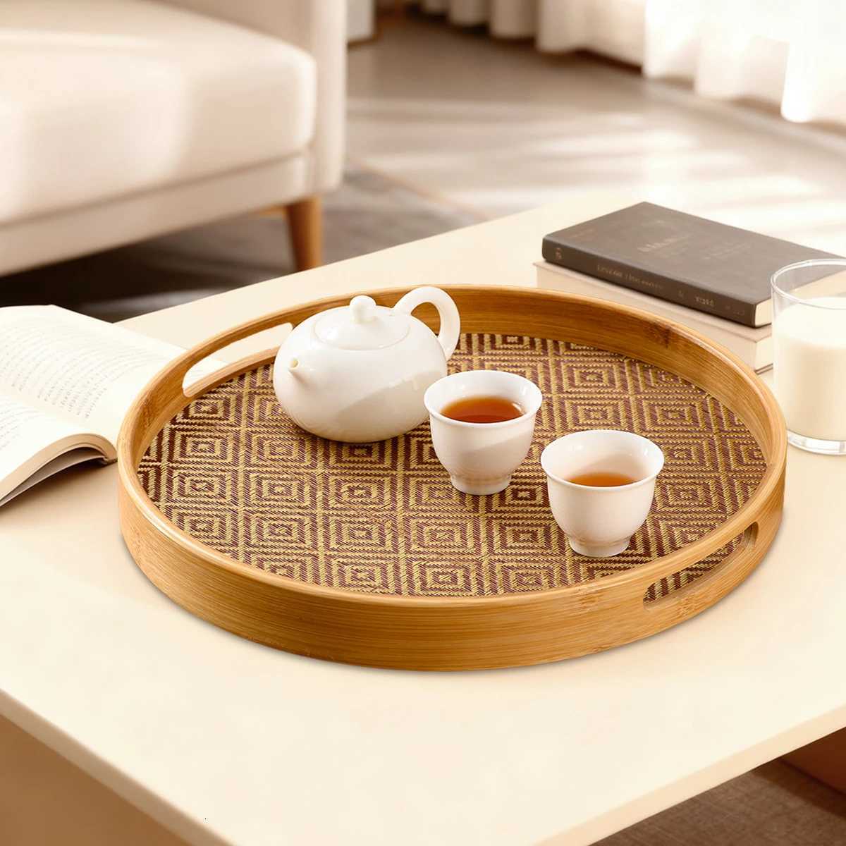 Bamboo Round Tray 158 Handles - Multi-Purpose Home Kitchen Beverage Storage Restaurant Platter Y251129