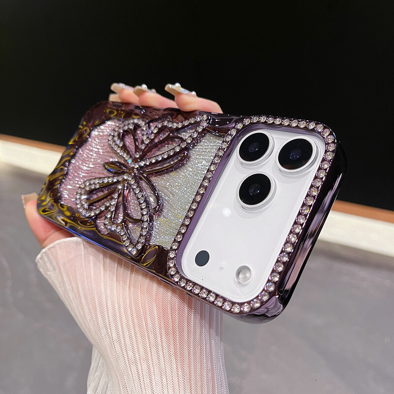 Hollow Large Butterfly Rhinestone Phone Case Compatible with iPhone 17 Pro Max Water Ripple Electroplated Soft Case iPhone 16/15