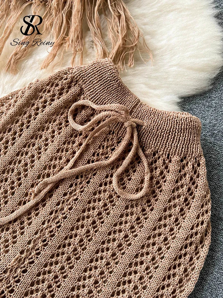 SINGREENY Summer Knitted Beach Two Piece Womens Strapless Strap VestWide Leg Pants Tassel Hollow BiH Set 250423