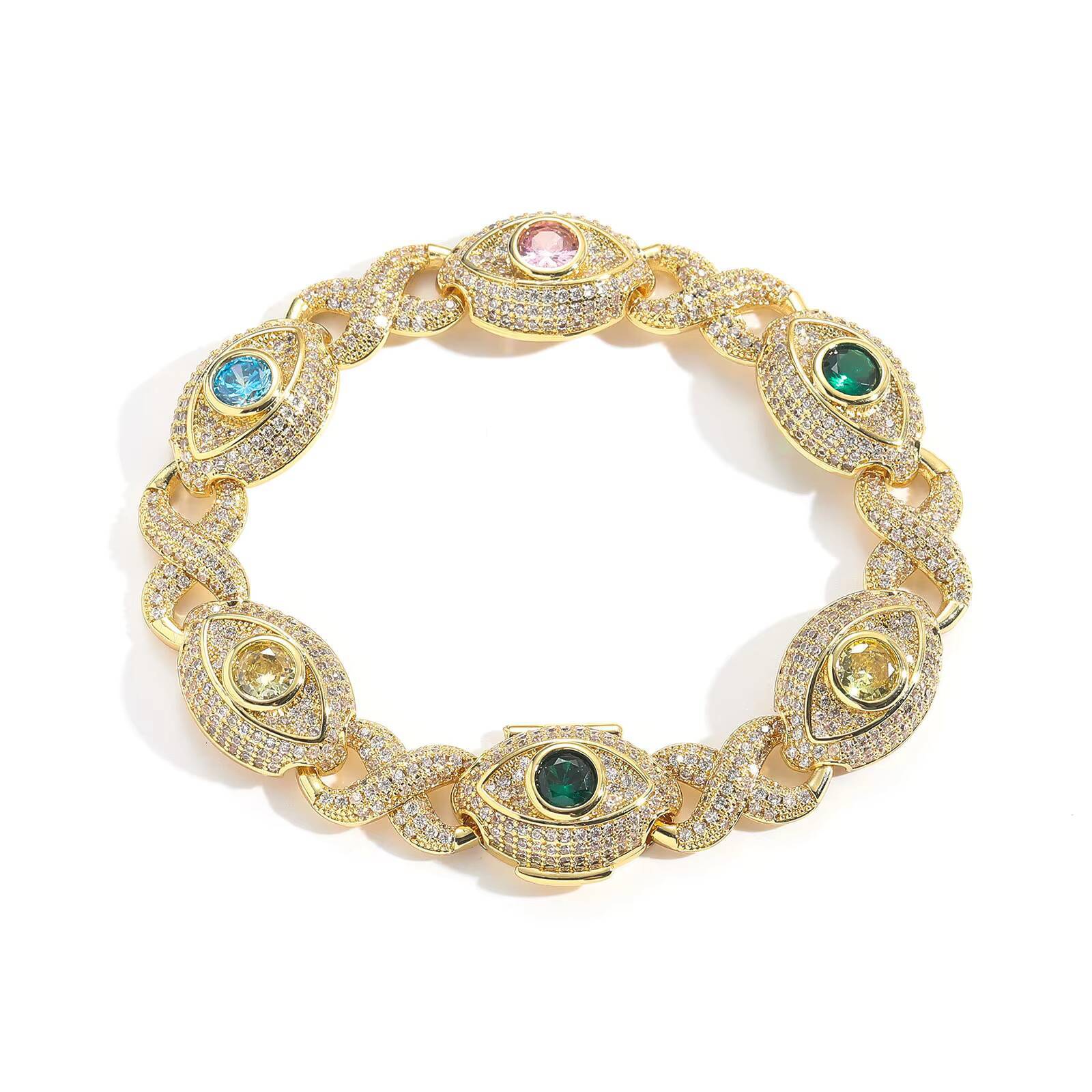 Iced Micro Paved Cubic Zirconia Bracelet Big Eyes Infinity Link Chain with Gold Plating Hip Hop Style Jewelry for Men Women
