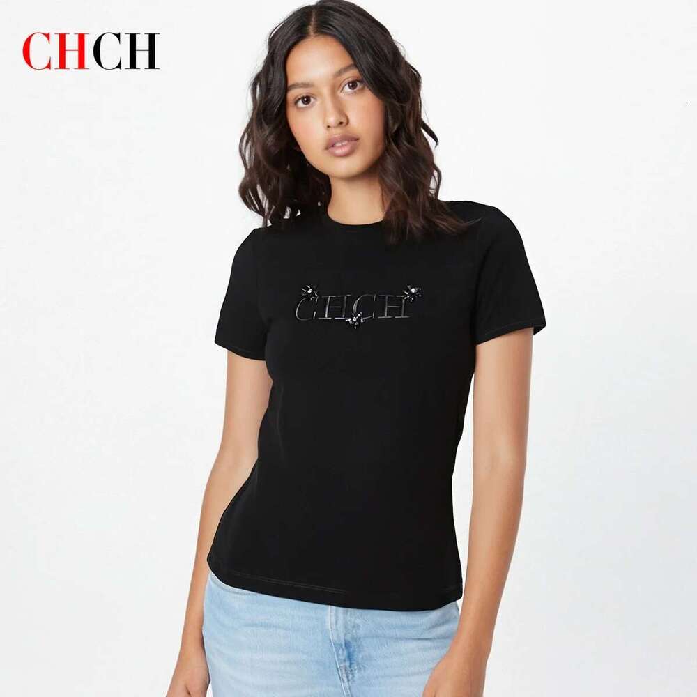 CHCH Women's T-Shirt New Black Heavy Duty Embroidered Round Neck Casual Comfortable Top