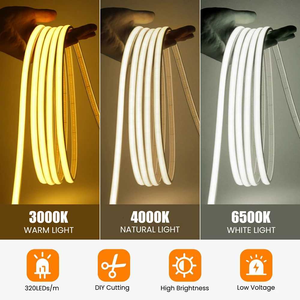 12V 24V COB LED Neon Strip Light IP68 Waterproof 320LEDs/m with 2PIN Wire DC Plug 3000K 4000K 6000K Flexible Tape Home Lighting M251129