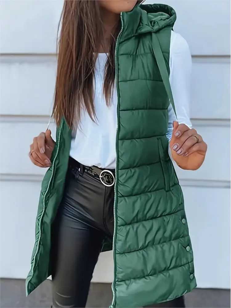 Casual Solid Color Hooded Zipper Vest Jacket For Womens Autumn Winter With Cotton Patchwork Slit Warmth Thickened Female VestT251129