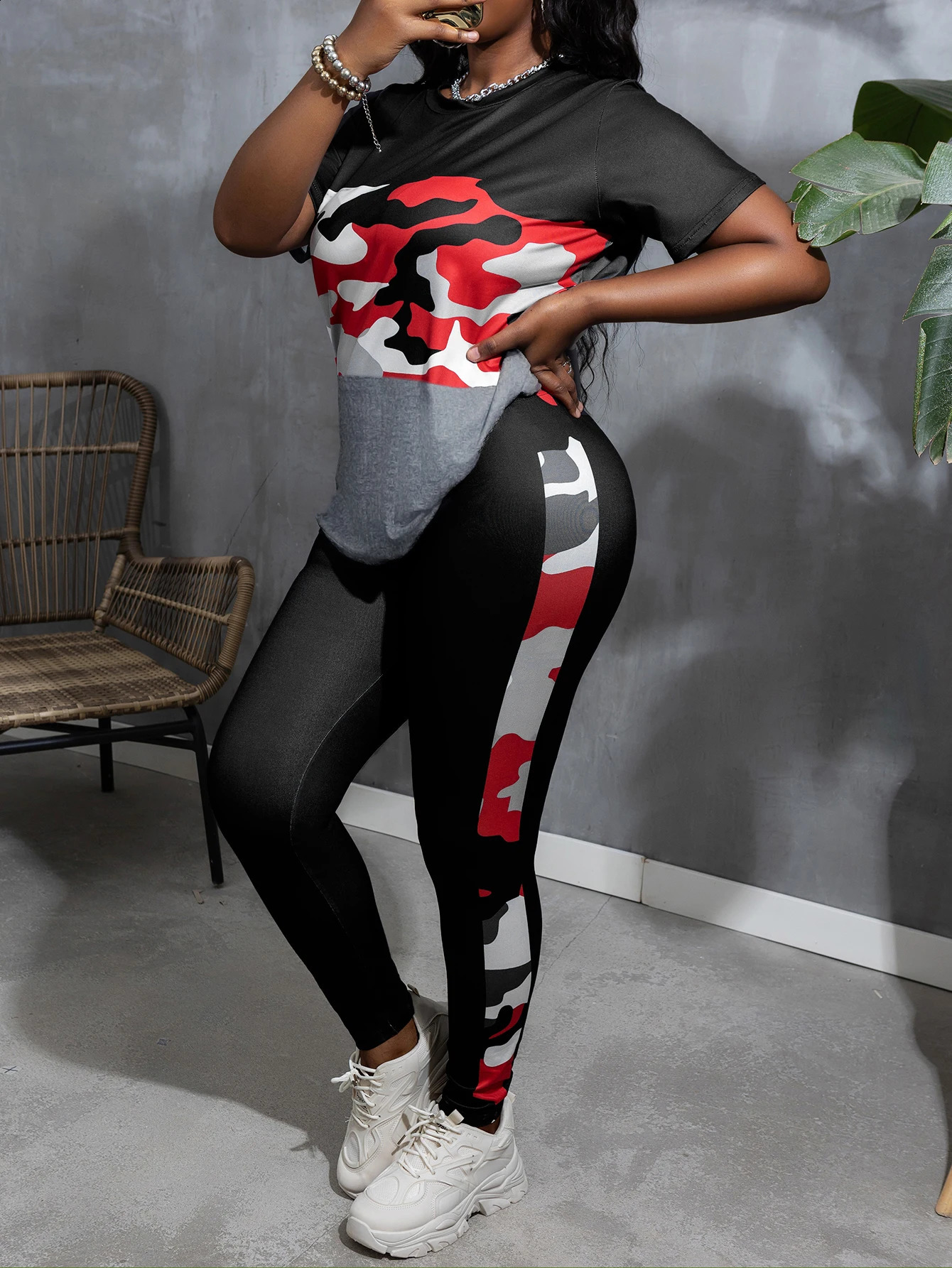 LW Plus Size Pants Set Camouflage Printed High Waist Pants Set Autumn Short Sleeve TopTight Pants Set Casual Sports Womens Wear 250427