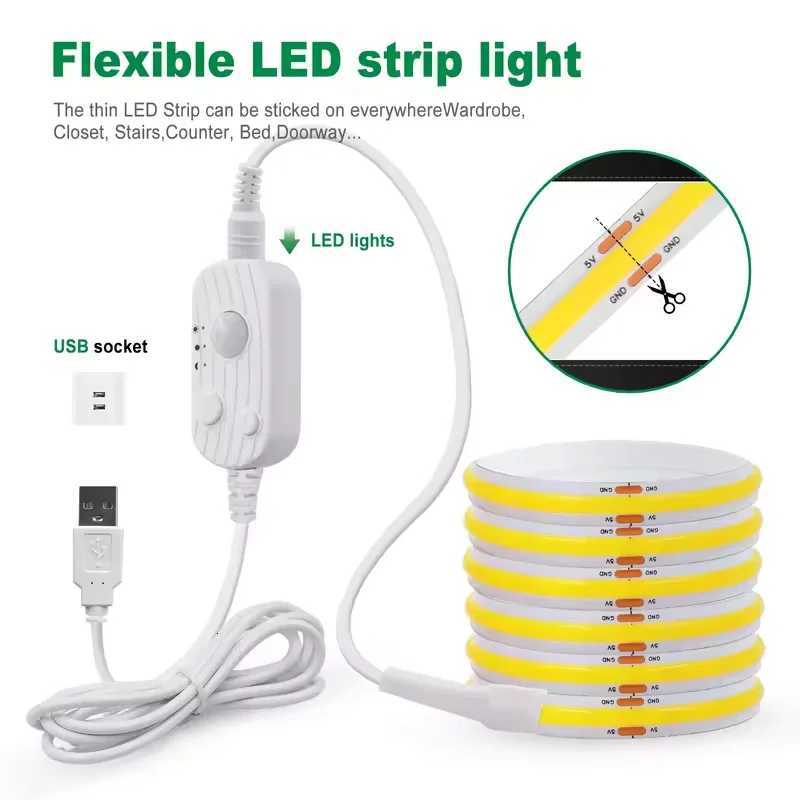 8MM Dimmable Flexible COB LED Strip Light Motion Sensor LED Ribbon USB Powered for Under Cabinet Kitchen Stairs Nightlights M251129