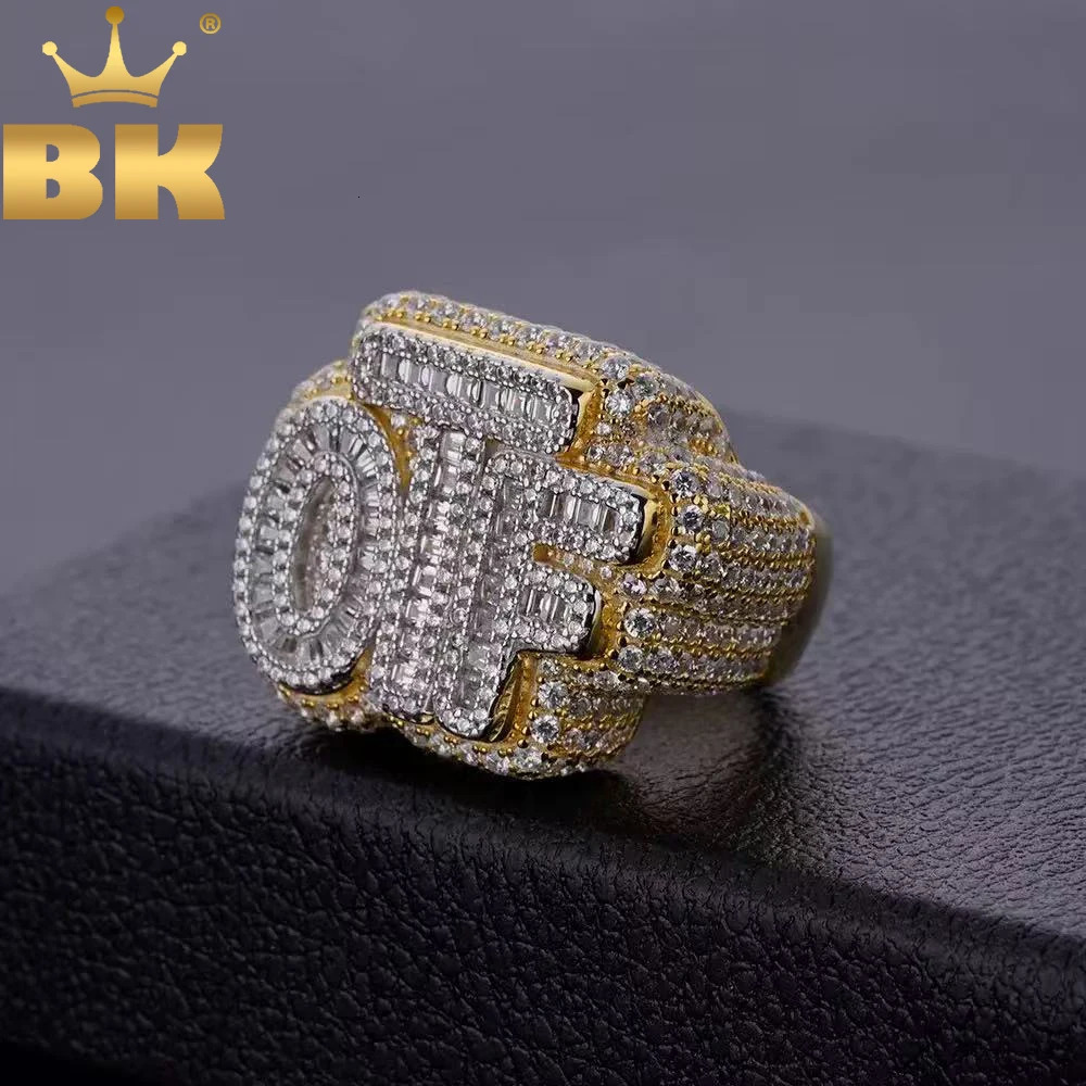 THE BLING KING Baguettecz Letters OTF Ring Iced out Two Tone Finger Ring Cubic Zircon HipHop Ring Delicate Punk Jewelry 251128