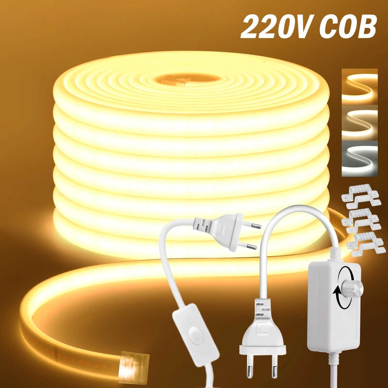 COB LED Strip Light With EU Switch/Dimmer Plug 220V 230V 240V Waterproof IP65 Tape Kitchen Cabinet Lamp 3000K 4000K 6000K Ribbon M251129