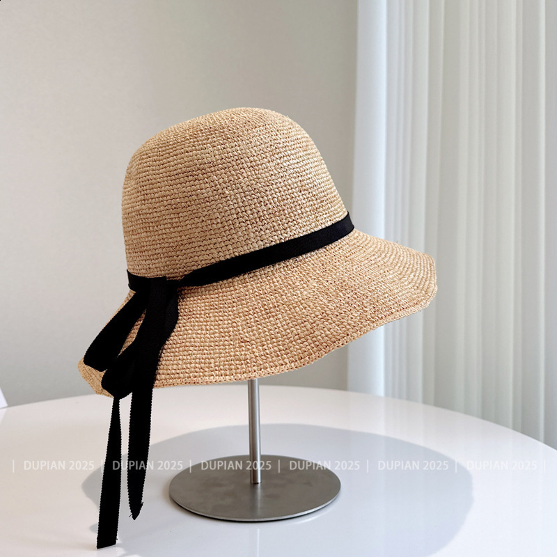 Handmade crochet Lafite grass French fine bow ribbon fishing hat womens summer sun protection straw hat sun basin hat250428