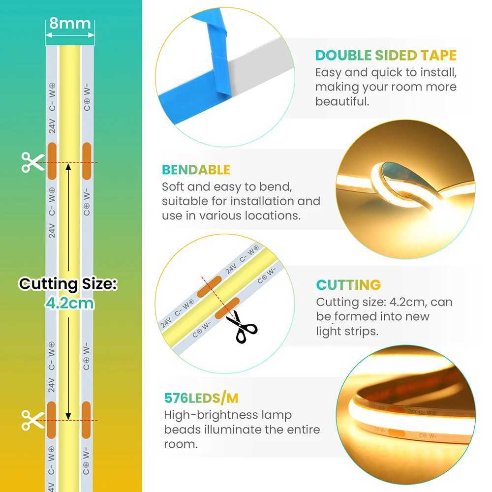 Dimmable CCT 576LEDs/m COB LED Strip Light Bluetooth Control 24V 2700K 4000K 5000K 6000K Power Kit for Home RA90 Linear Lighting M251129