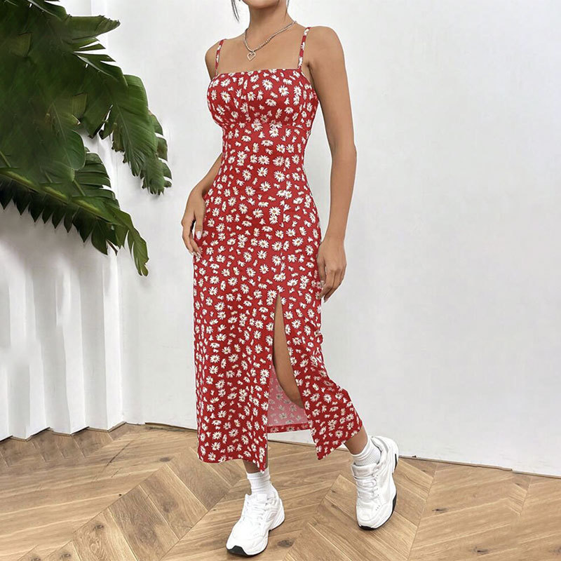 L1117New Amazon Spring and Summer Sling Wrap Chest Slit Daisy Hip-wrapped Printed Medium Dress for Women