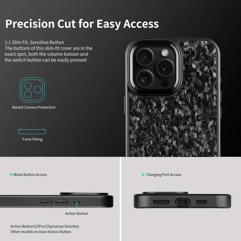 Black Metal Button Carbon Fiber Phone Case for iPhone16 Pro Max 15 Apple 14 13 12 Forged Carbon Fiber