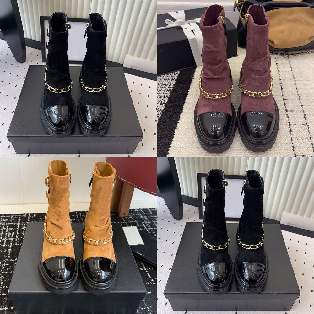 25 New Autumn/Winter Luxury Ankle Boots Woman shoe Designer boot Ankle Round toes leather Letter Splicing Front Strap Thick Bottom lady Martin Boots knight boots