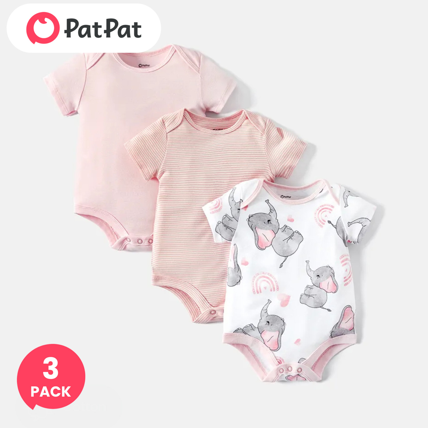 PatPat 3-Pack Baby Girl/Boy Elephant Print/Solid Color Short-sleeve Rompers