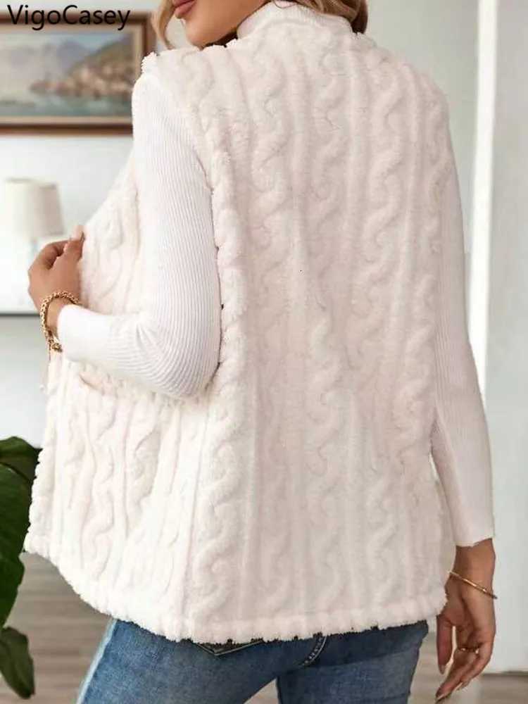 VigoCasey 2025 Autumn Woman White Thick Vest Coat Winter Sleeveless Plush Warm Waistcoat Lady Pocket Loose Casual Vest JacketT251129
