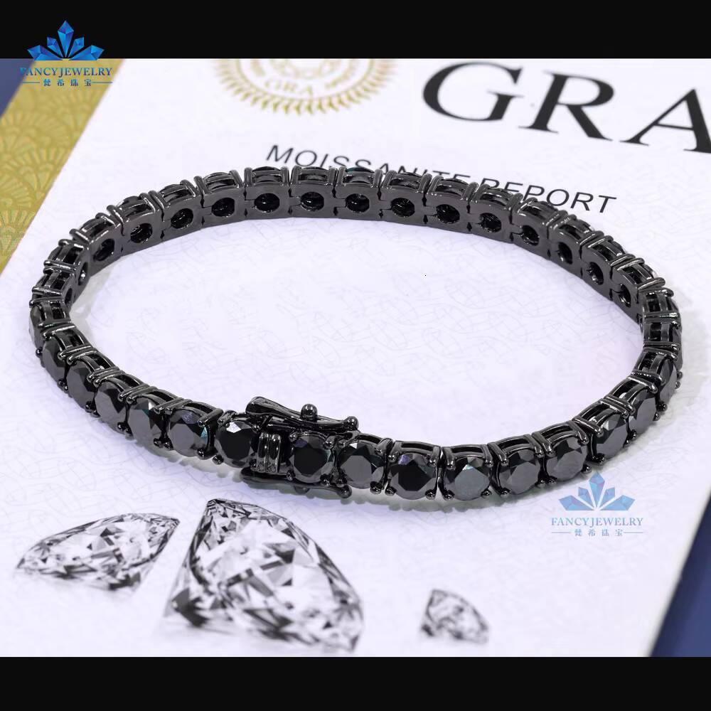 Exquisite Black Moissanite Tennis Bracelet with 2mm-65mm925 Sterling Silver Chain Black Moissanite Diamond Main Stone for Gifts