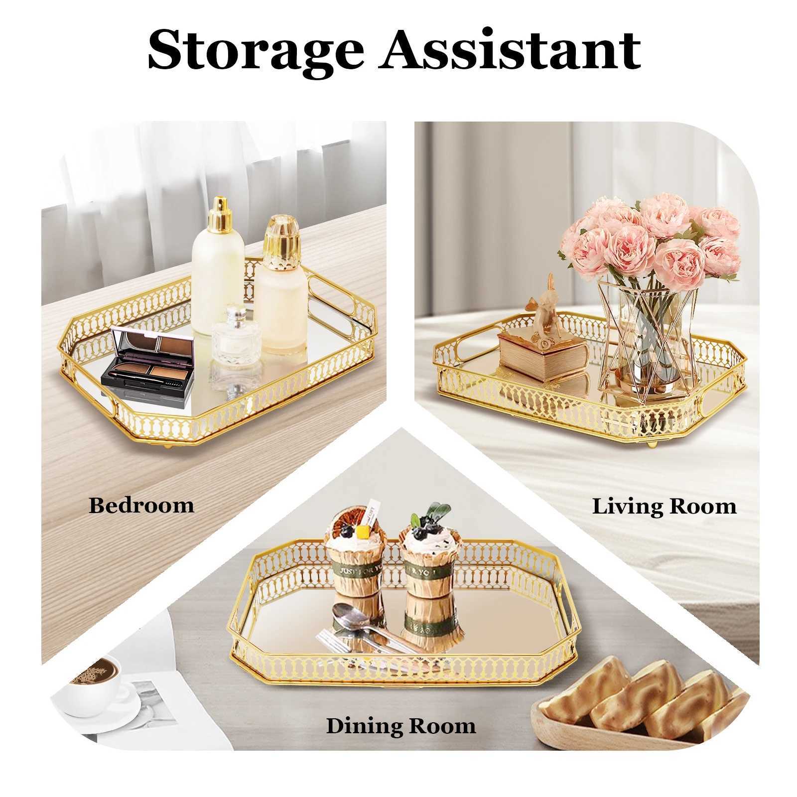 Gold Decorative Tray Rectangular Desktop Serving Vanity Tray Modern Iron Glass Electroplated Tabletop Home Decorative Tray Y251129