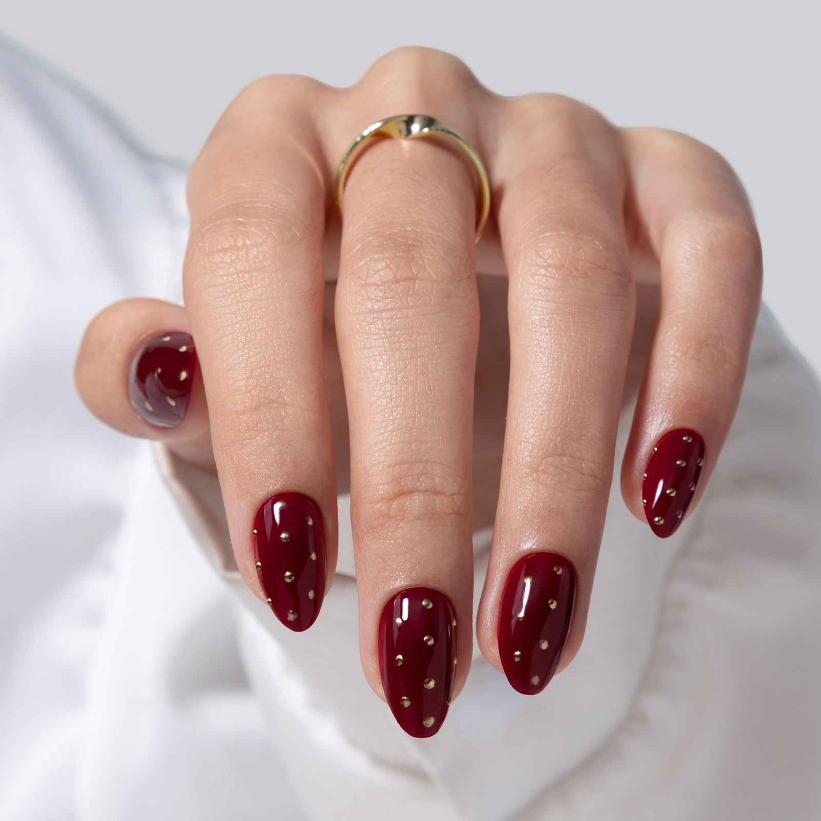Burgundy with Gold Dots Short Soft Gel Press-on False Nails - 16 sizes for women, includes 32 reusable false nails