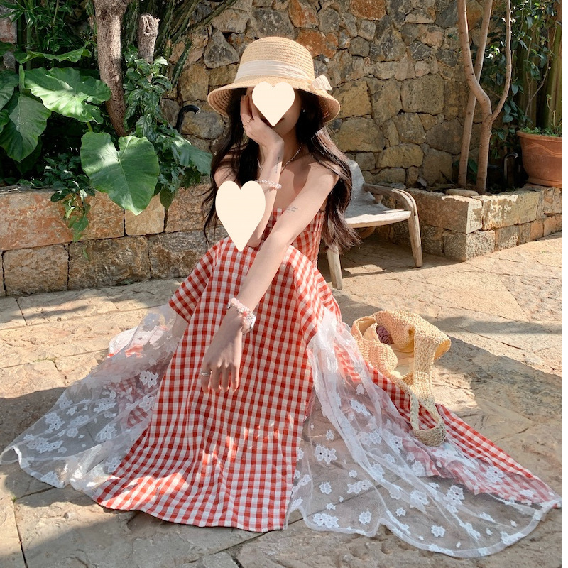 D721French holiday plaid lace stitching heavy tube top dress summer temperament waist slimming high-end feeling
