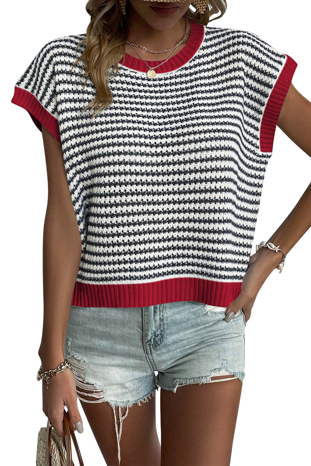 New Fashion Striped Knitted with Casual Contrast Bat Sleeve Round Neck Sweater